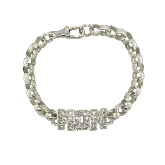 New 925 Silver & Cubic Zirconia Set Mom 6.5" Patterned Belcher Bracelet