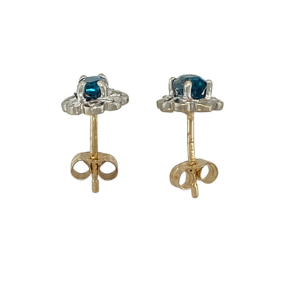 9ct Gold Diamond & Blue Topaz Set Flower Stud Earrings