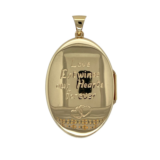 Bring meaningful symbolism and classic craftsmanship to your jewellery collection with this pre-owned 9ct yellow gold Celtic knot heart oval locket, a beautifully detailed piece rich in tradition and sentiment.

Design: The locket features an oval shape adorned with a Celtic knot heart motif, combining flowing knotwork with a heart design for a timeless and symbolic look. The back of the locket says ' Love Entwines our Hearts forever'.