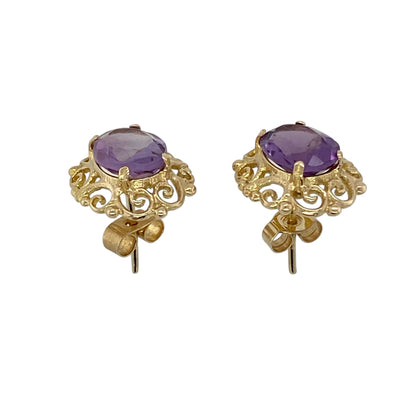 9ct Gold & Amethyst Set Fancy Scholl Patterned Stud Earrings