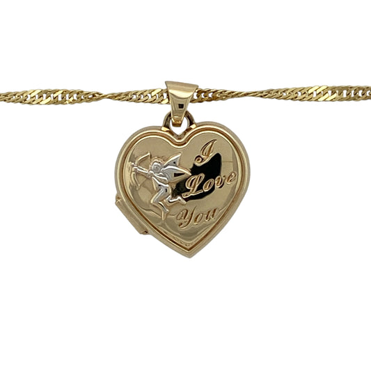 Bring romantic symbolism and delicate elegance to your jewellery collection with this pre-owned 9ct yellow gold ‘I Love You’ cupid heart locket necklace, a charming piece designed to be treasured.

Design: The pendant features a heart-shaped locket adorned with a cupid motif and the words “I Love You,” creating a beautifully sentimental design, suspended from a fine Singapore chain for added sparkle and movement.