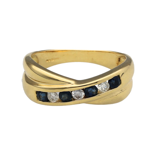 18ct Gold Diamond & Sapphire Set Crossover Band Ring