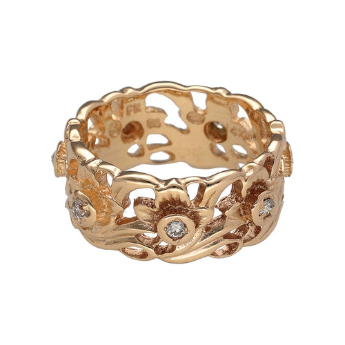14ct Gold & Diamond Set Flower Wide Band Ring