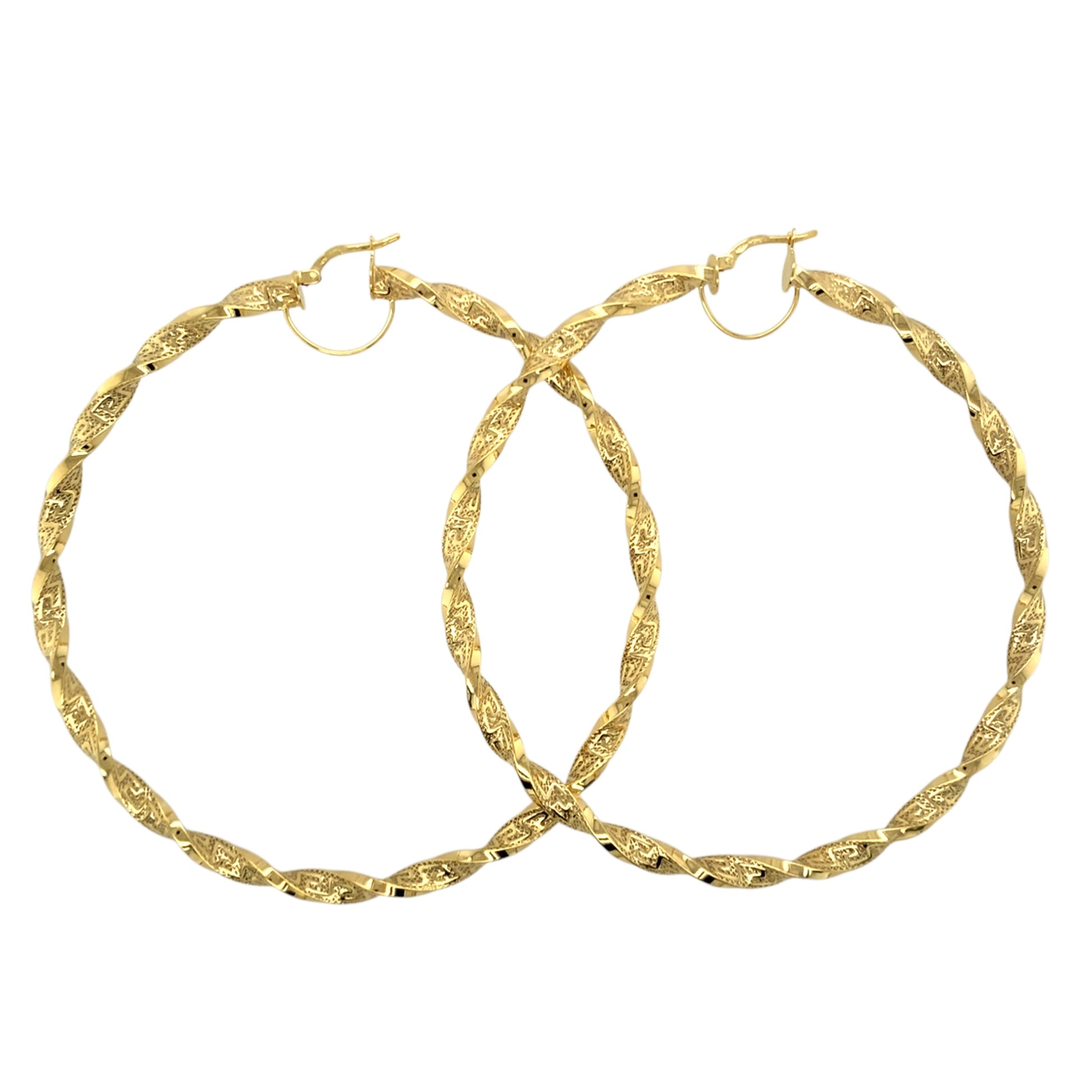 New 9ct Gold 77mm Greek Key Twisted Creole Hoop Earrings