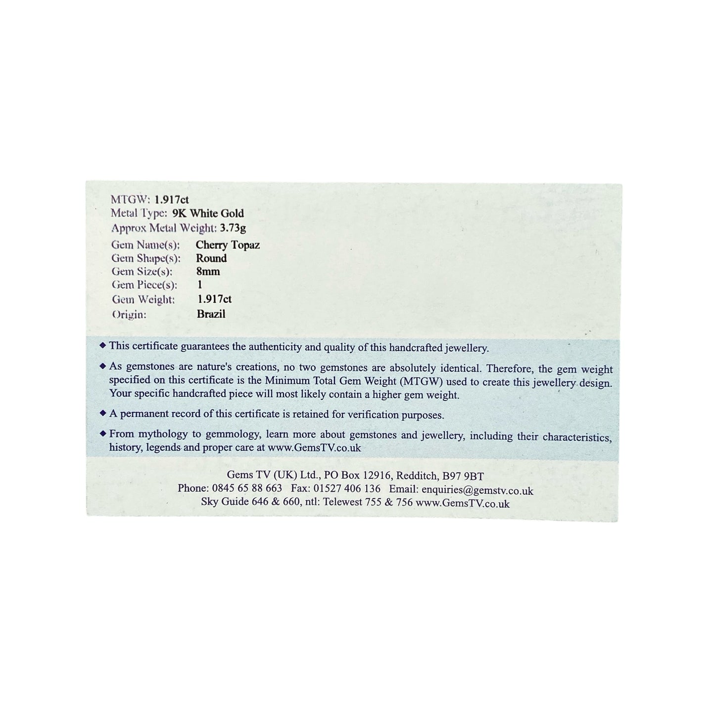 9ct White Gold & Cherry Topaz Set Solitaire Ring