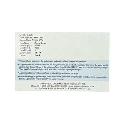 9ct White Gold & Cherry Topaz Set Solitaire Ring