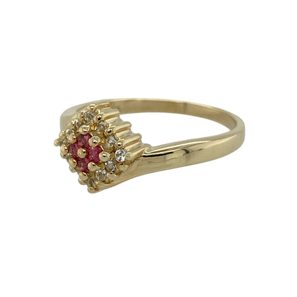 Bring vibrant colour and refined sparkle to your jewellery collection with this pre-owned 9ct yellow gold red spinel and white topaz set cluster ring.

Design: The ring features a diamond-shaped cluster set with rich red spinel and sparkling white topaz, forming an eye-catching focal point. The front of the cluster measures approximately 10mm in height, giving the ring a bold yet elegant presence.