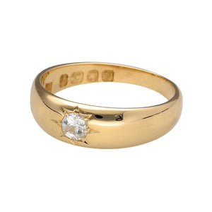 Preowned 18ct Yellow Gold & Diamond Antique Style Signet Ring in size N with the weight 4.60 grams. The front of the band is 6mm wide and the diamond is approximately 30pt 