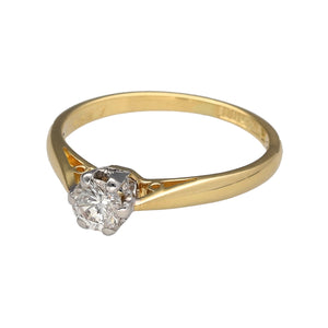 Preowned 18ct Yellow and White Gold & Diamond Set Solitaire Ring in size M with the weight 2.50 grams. The diamond is approximately 36pt with approximate clarity Si2