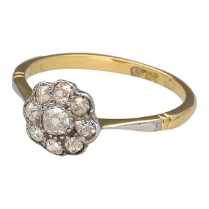 Preowned 18ct Yellow and White Gold & Diamond Set Daisy Antique Style Cluster Ring in size L with the weight 2 grams. The front of the ring is 9mm high