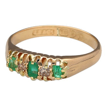 Load image into Gallery viewer, Preowned 18ct Yellow Gold Diamond &amp; Emerald Set Chester Hallmarked Band Ring in size L with the weight 3.40 grams. The center emerald stone is 3mm by 2mm and the side stones are each approximately 2mm by 1.5mm
