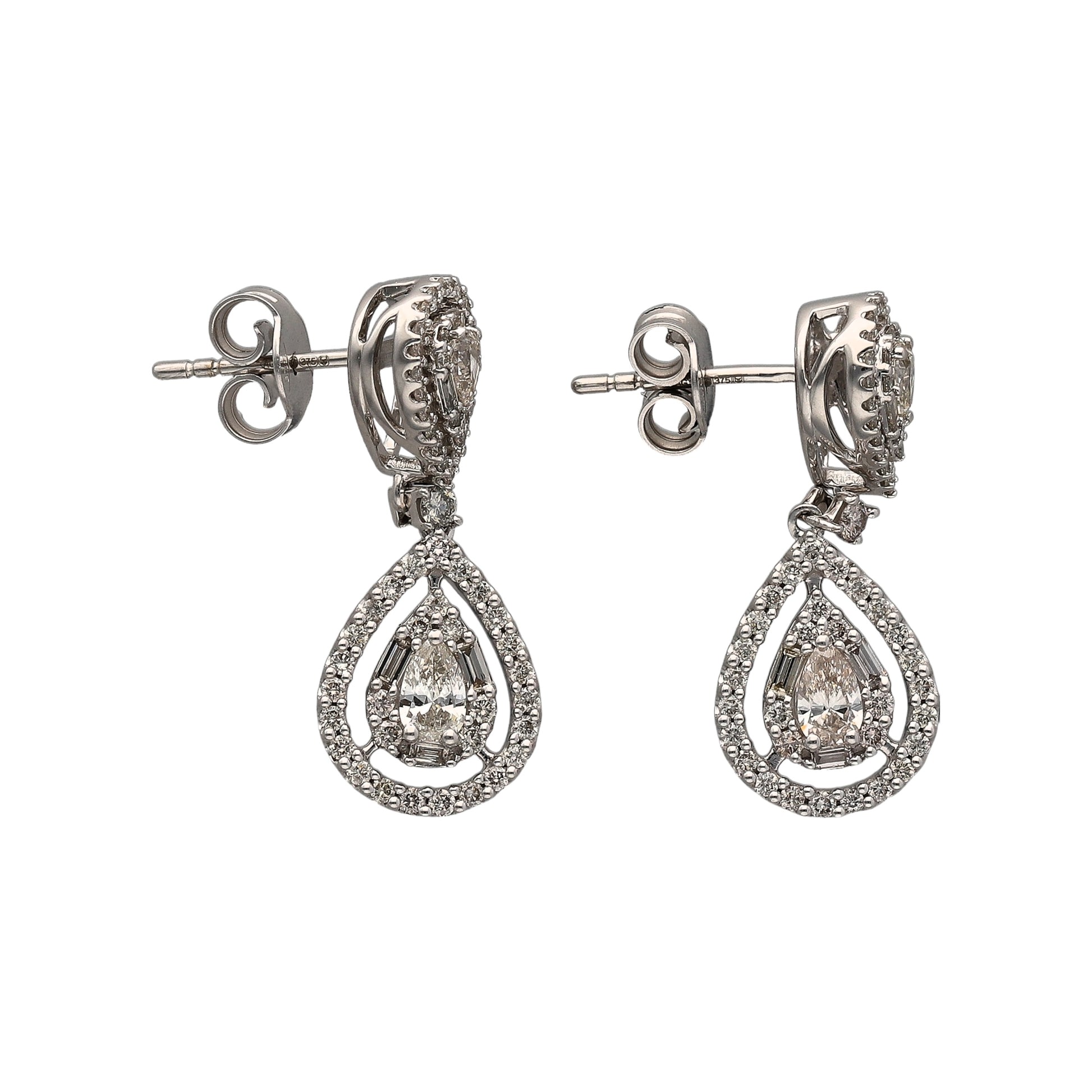 New 9ct White Gold & Diamond Set Teardrop Drop Earrings