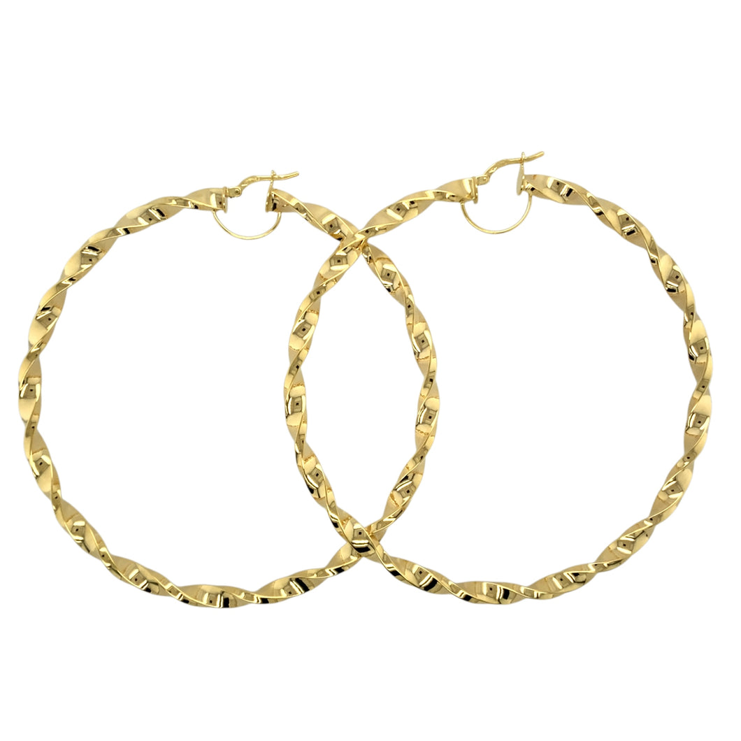 New 9ct Gold 80mm Plain Twisted Creole Earrings
