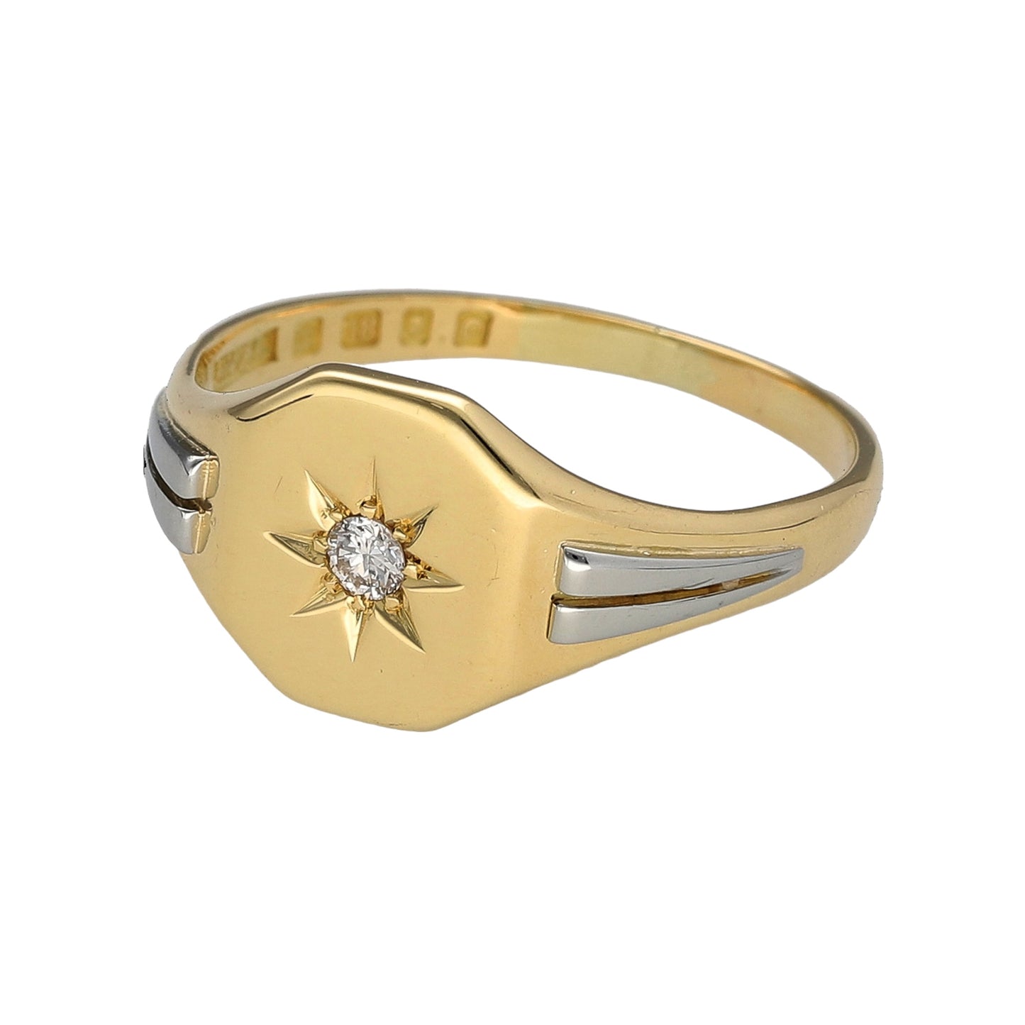 Preowned 18ct Yellow and White Gold & Diamond Set Signet Ring in size U with the weight 6.50 grams. The front of the ring is 11mm high and the diamond is starburst set