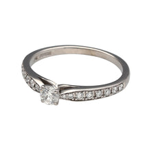 Load image into Gallery viewer, Preowned 18ct White Gold &amp; Diamond Set Solitaire Ring in size Q with the weight 3.40 grams. The center stone is approximately 25pt with approximate clarity Si and colour M - N. The ring has diamond set shoulders 
