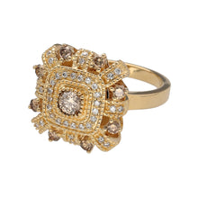 Load image into Gallery viewer, Preowned 14ct Yellow Gold &amp; white and brown sugar coloured Diamond Set Dress Ring in size O with the weight 7.40 grams. The front of the ring is 18mm high and there is approximately 67pt - 70pt of diamond content in total
