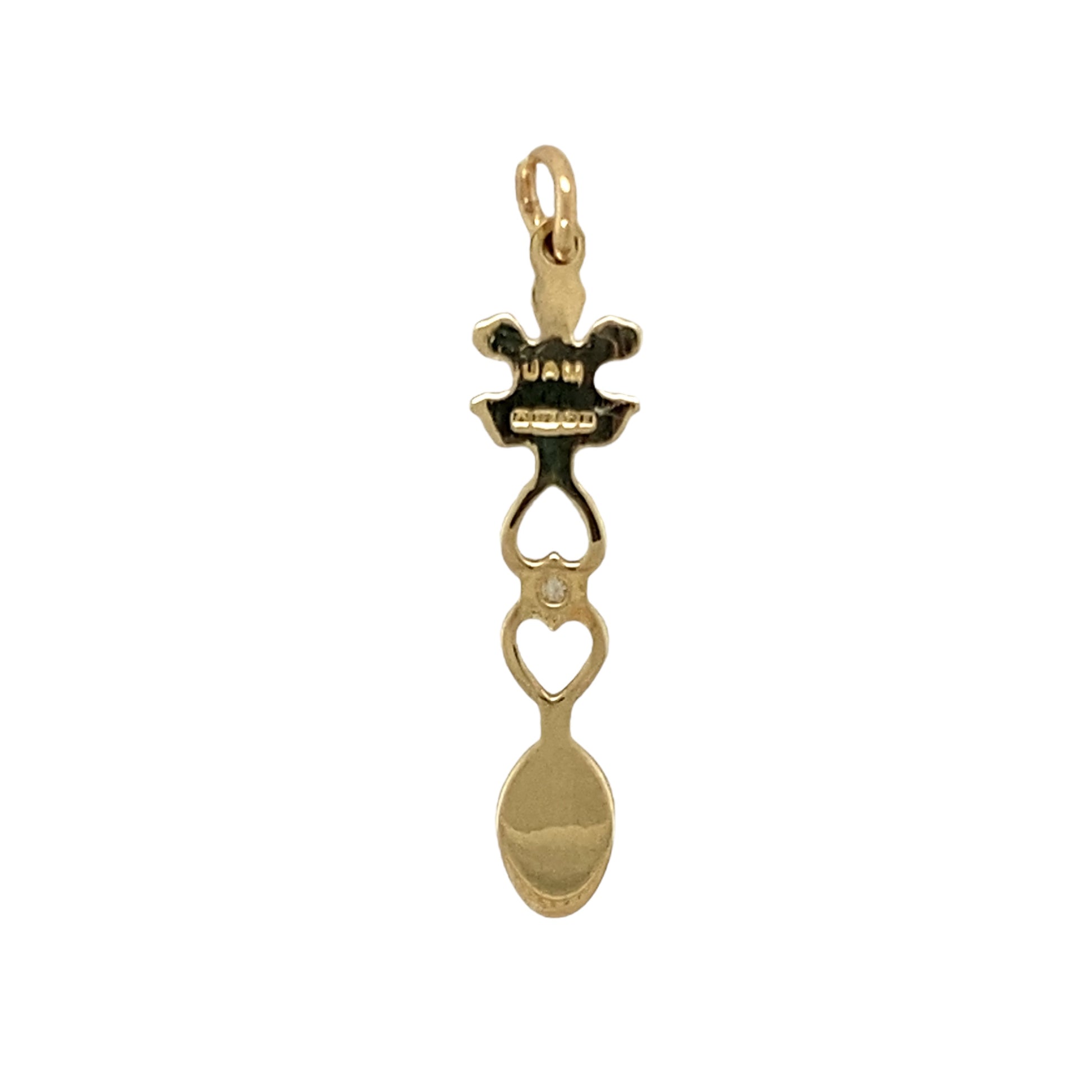 Celebrate tradition with a touch of sparkle in this pre-owned 9ct gold and diamond set Welsh lovespoon pendant—symbolic, elegant, and beautifully crafted.

Design: This pendant features a traditional Welsh lovespoon design, symbolising love and affection, accented with a single sparkling diamond for a refined finish.
Material: Made from 9-carat gold, the polished surface enhances the fine detailing and adds a warm, timeless glow.
