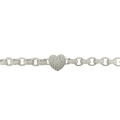 Bring elegant sparkle and timeless romance to your jewellery collection with this new 925 silver & cubic zirconia set heart 8" belcher bracelet—a graceful piece with bold detailing and sentimental charm.

Design: Featuring a cubic zirconia set heart and 10mm alternating patterned and plain belcher links, this bracelet combines classic structure with a hint of shimmer and love-inspired style.
