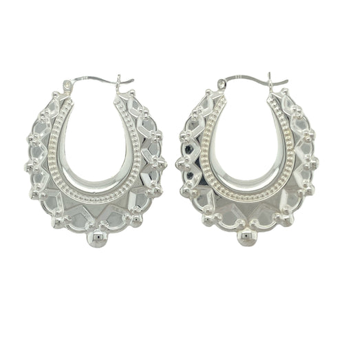 New 925 Silver Large Fancy Oval Creole Earrings