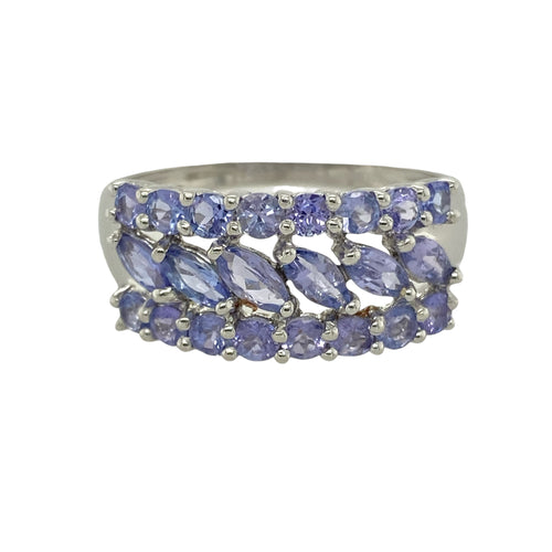 9ct White Gold & Tanzanite Set Three Row Wide Band Ring