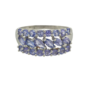 9ct White Gold & Tanzanite Set Three Row Wide Band Ring
