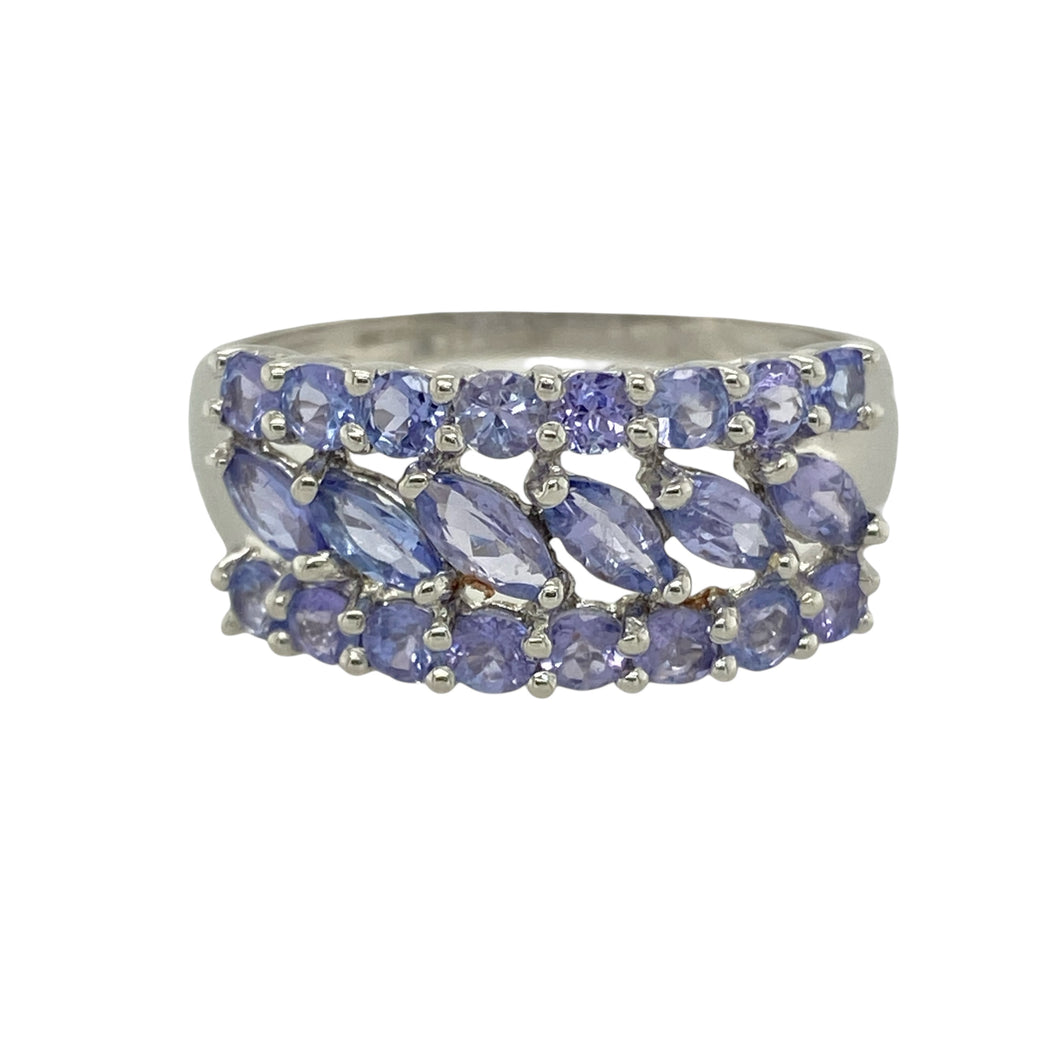 9ct White Gold & Tanzanite Set Three Row Wide Band Ring