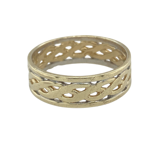 Bring timeless heritage and symbolic design to your collection with this pre-owned 9ct yellow and white gold Celtic band ring—a meaningful piece representing unity and eternity.

Design: The ring features a 6mm wide open weave Celtic knot pattern, combining yellow and white gold for a striking two-tone effect.
Material: Made from 9-carat yellow and white gold, the polished finish enhances the intricate knotwork and the contrast of the metals.