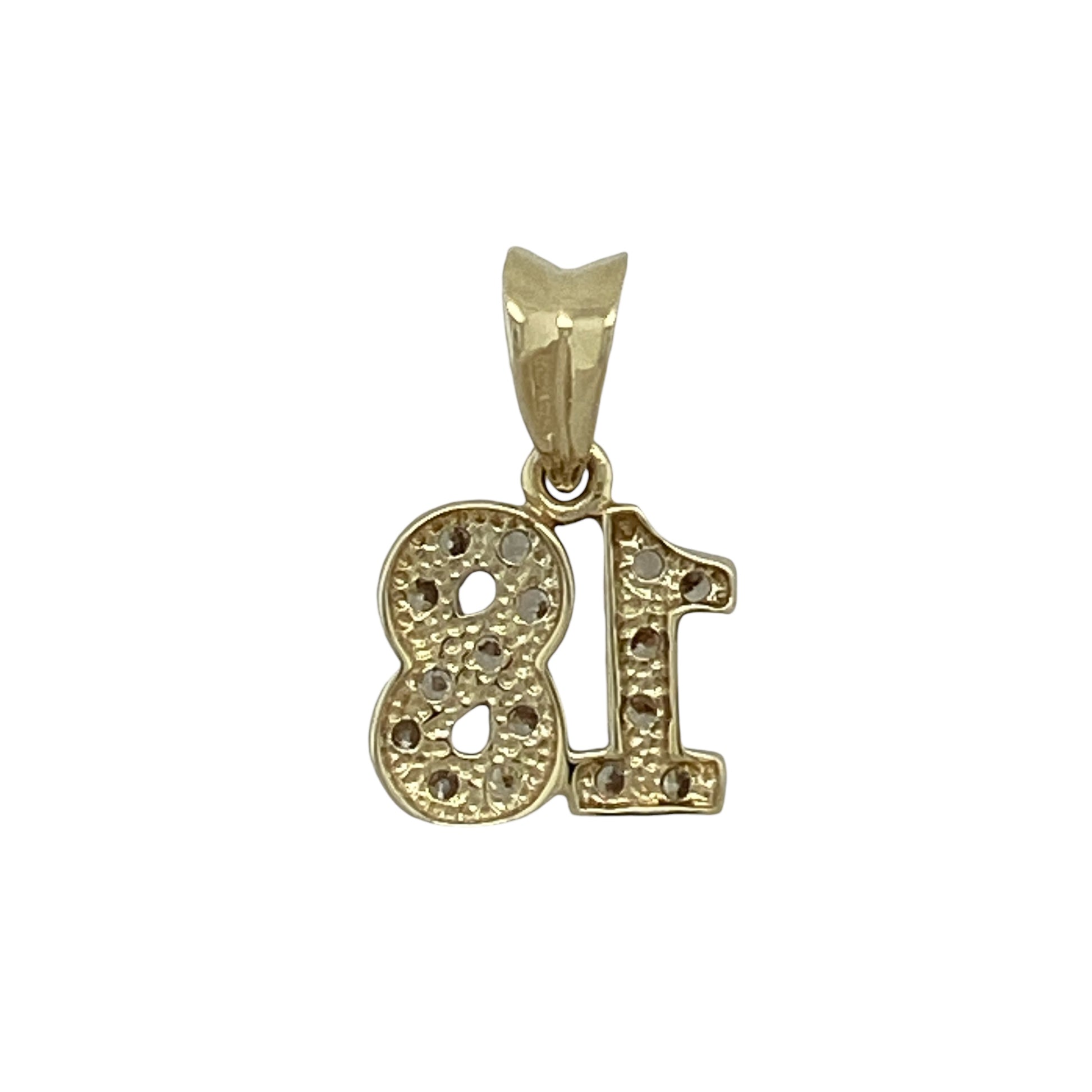 Bring meaningful sparkle and celebratory charm to your jewellery collection with this pre-owned 9ct yellow gold & cubic zirconia set ‘18’ pendant, perfect for marking a special milestone.

Design: The pendant features the number “18” design, accented with cubic zirconia stones that add bright sparkle and highlight the youthful, celebratory style.
Material: Made from 9-carat yellow gold, the warm polished finish beautifully complements the brilliance of the cubic zirconia.