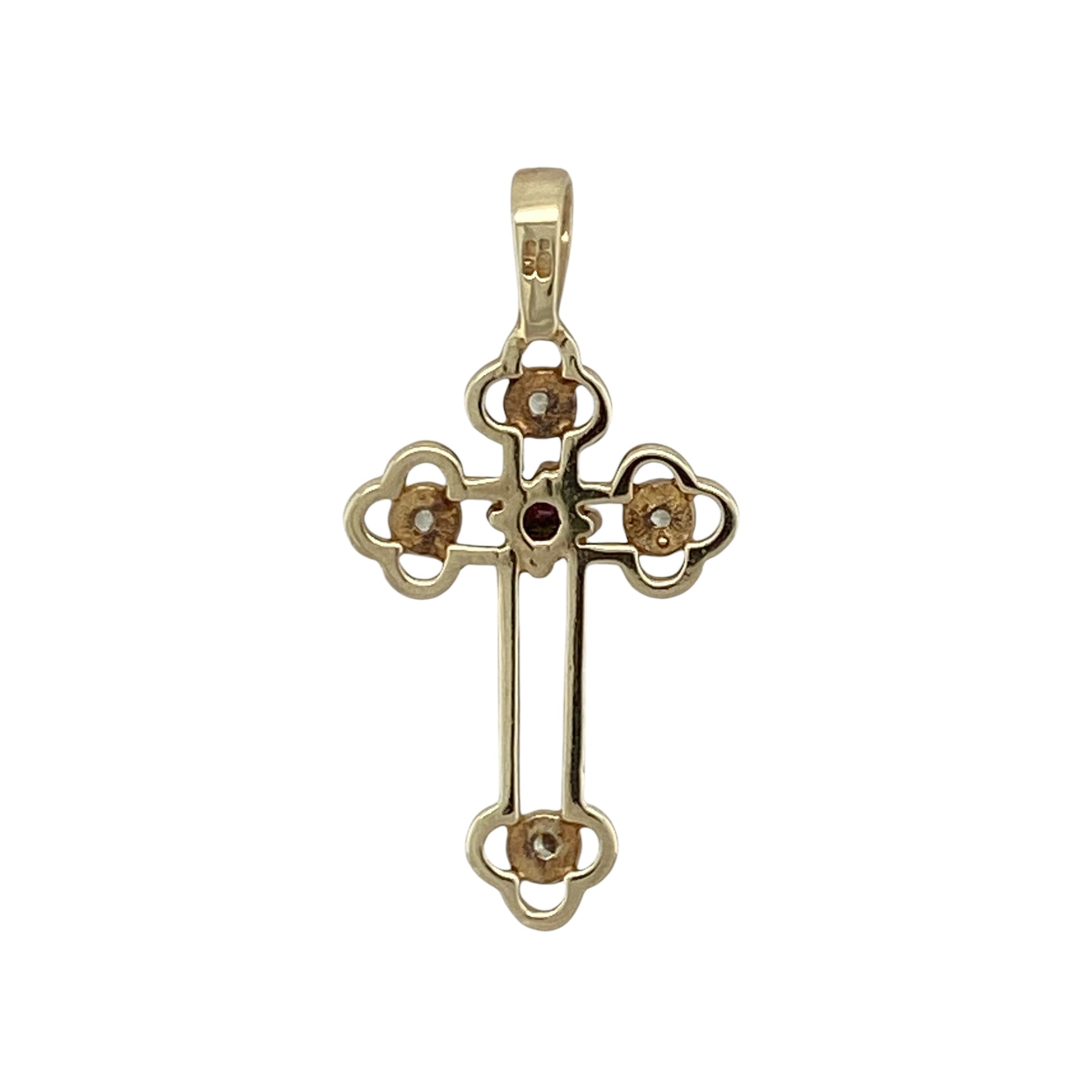 Add meaningful elegance and vibrant colour to your jewellery collection with this pre-owned 9ct yellow gold ruby and cubic zirconia cross pendant, featuring a timeless faith-inspired design with beautiful gemstone detail—perfect for everyday wear, gifting, or special occasions.

Design: The pendant features a classic cross design accented with sparkling cubic zirconia stones and a vibrant round ruby centre stone measuring approximately 3mm in diameter, creating an eye-catching and elegant focal point.