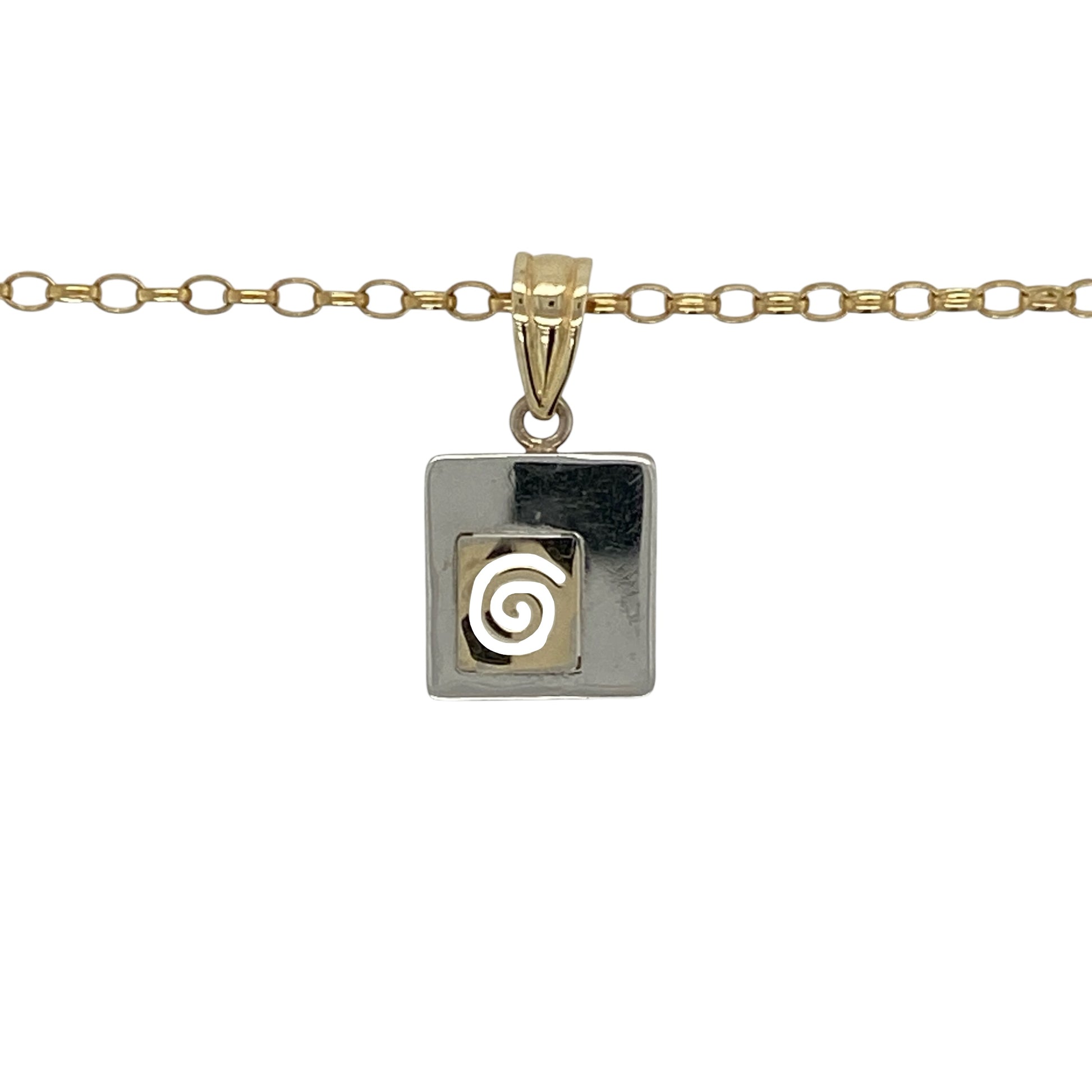 Add contemporary elegance to your jewellery collection with this pre-owned 9ct yellow and white gold swirl within a square pendant necklace, featuring a stylish two-tone design suspended from a classic 16-inch belcher chain.

Design: The necklace features a striking square-shaped pendant with an elegant white gold swirl flowing through the centre, creating a modern two-tone design with timeless appeal. Measuring approximately 2cm long including the bail, the pendant offers an eye-catching yet refined look.
