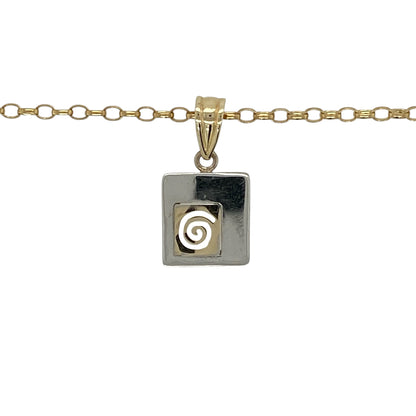 Add contemporary elegance to your jewellery collection with this pre-owned 9ct yellow and white gold swirl within a square pendant necklace, featuring a stylish two-tone design suspended from a classic 16-inch belcher chain.

Design: The necklace features a striking square-shaped pendant with an elegant white gold swirl flowing through the centre, creating a modern two-tone design with timeless appeal. Measuring approximately 2cm long including the bail, the pendant offers an eye-catching yet refined look.