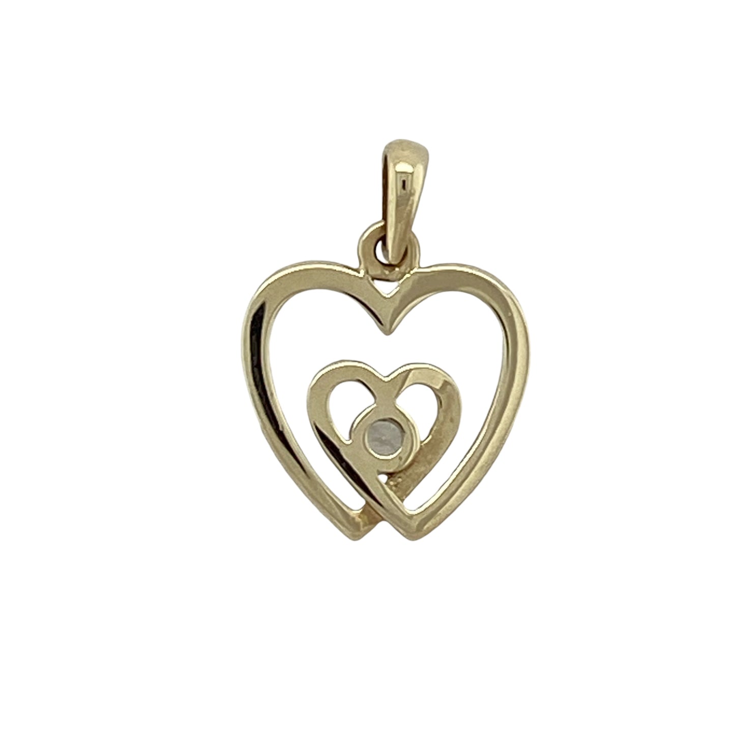 Add romantic symbolism and sparkling elegance to your jewellery collection with this pre-owned 9ct yellow and white gold cubic zirconia double heart pendant, featuring a charming two-tone design.

Design: The pendant showcases an elegant double heart motif, combining yellow and white gold tones to create attractive contrast and visual interest. A sparkling round cubic zirconia stone measuring approximately 3mm in diameter adds a bright focal point to the romantic design.