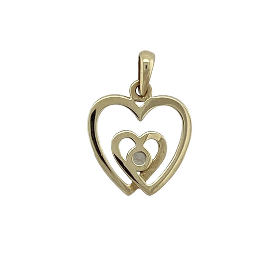 Add romantic symbolism and sparkling elegance to your jewellery collection with this pre-owned 9ct yellow and white gold cubic zirconia double heart pendant, featuring a charming two-tone design.

Design: The pendant showcases an elegant double heart motif, combining yellow and white gold tones to create attractive contrast and visual interest. A sparkling round cubic zirconia stone measuring approximately 3mm in diameter adds a bright focal point to the romantic design.