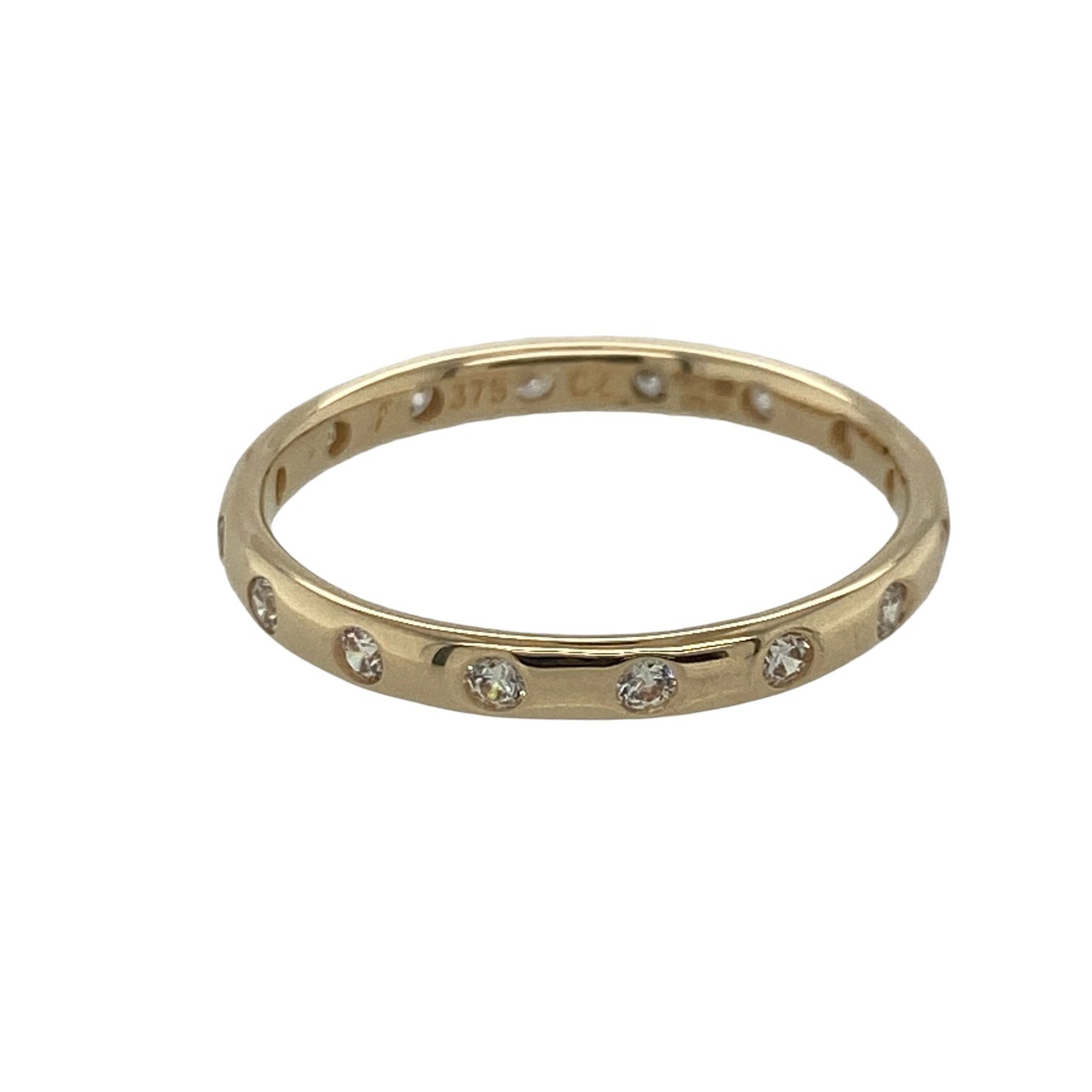 Simple, elegant and full of sparkle, this pre-owned 9ct yellow gold diamond band ring is a timeless addition to any jewellery collection. Featuring sixteen diamonds evenly set around the entire band, it offers beautiful brilliance from every angle and is perfect as a wedding band, eternity ring or stacking ring.

Design: The ring features a slim 2mm wide band with sixteen diamonds equally set around the entire circumference, creating a continuous sparkling design.