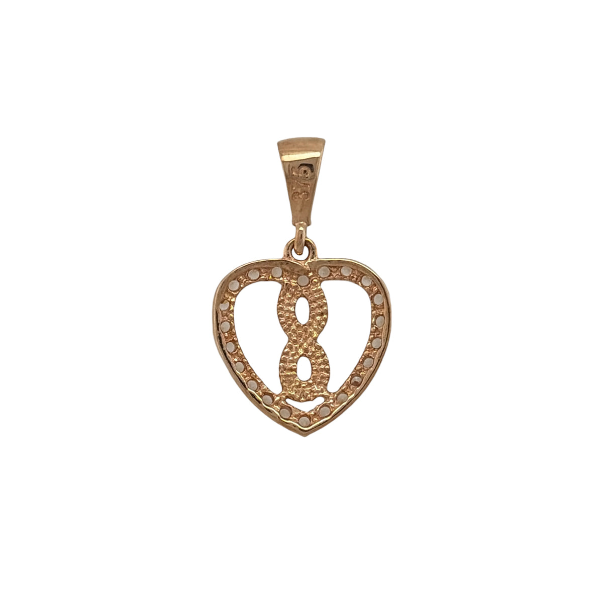 New 9ct Rose Gold &amp; Cubic Zirconia Infinity Heart Pendant with the weight 1.50 grams. The pendant is approx 1.7cm by 1.1cm including the bail