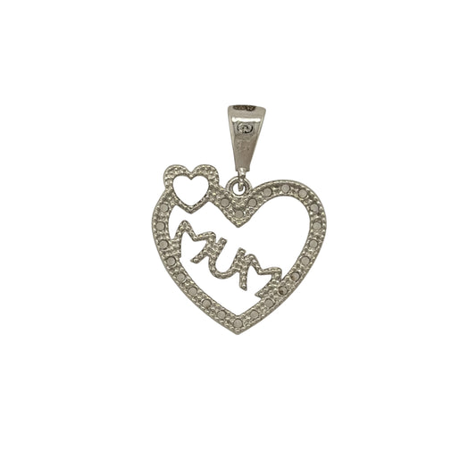 New 9ct White Gold &amp; Cubic Zirconia Mum Heart Pendant with the weight 1.70 grams. The pendant is approx 1.8cm by 1.4cm including the bail