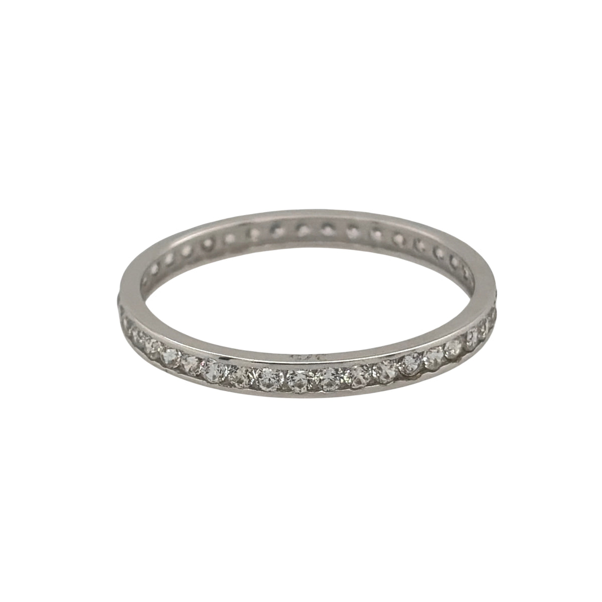 New 9ct White Gold &amp; Cubic Zirconia Eternity Band Ring in various sizes with the approximate weight 0.70 grams. The band is 2mm wide