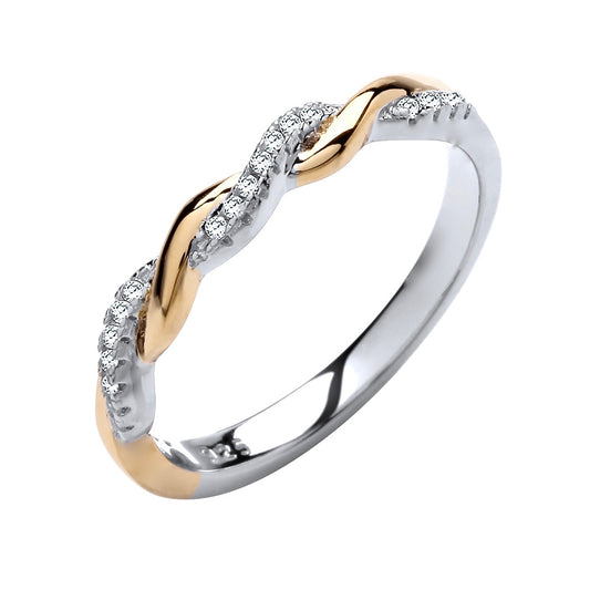 925 Silver & Cubic Zirconia Yellow Gold Plated Twist Band Ring
