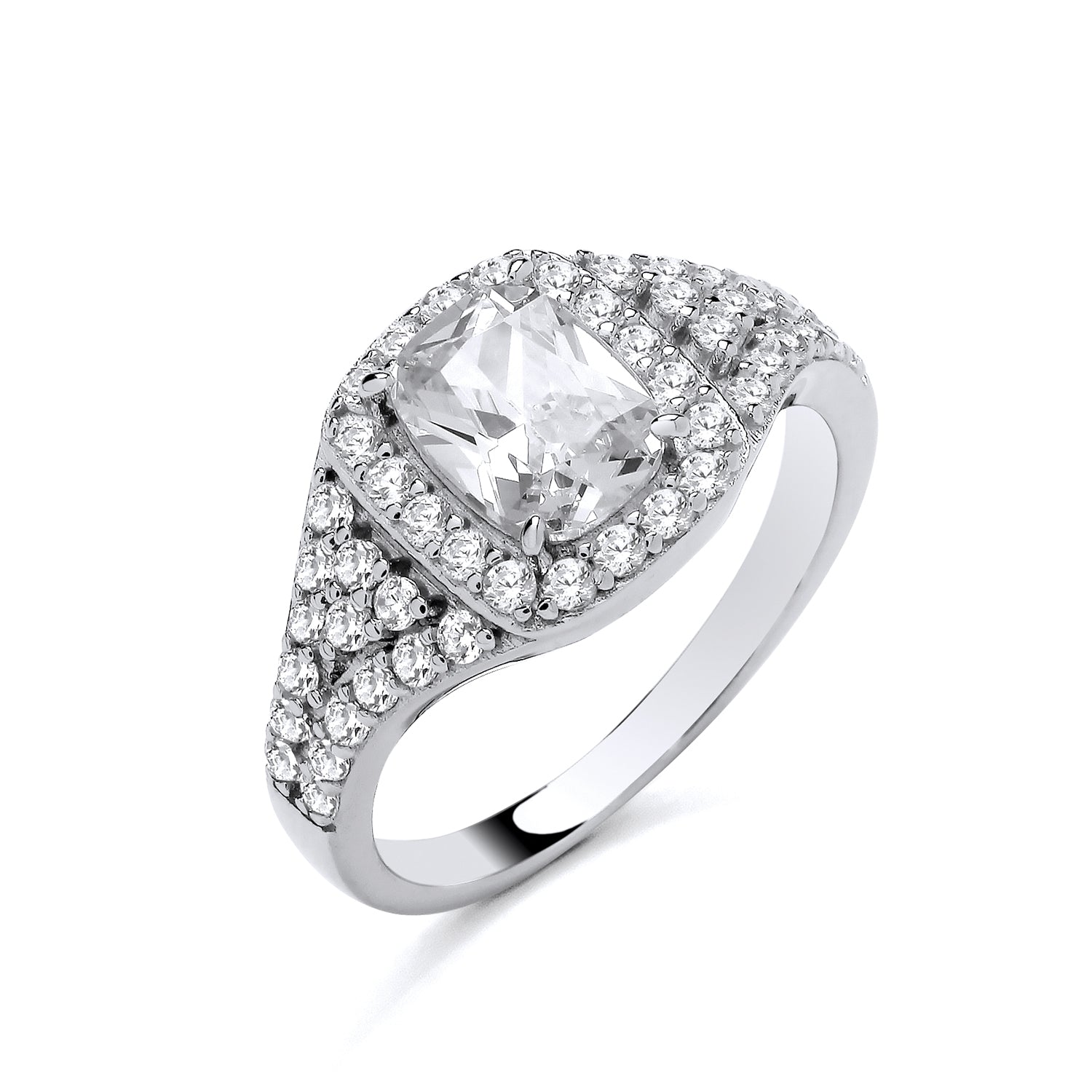New 925 Silver &amp; Cubic Zirconia Set Multi Stone Radiant Shaped Stone Halo Ring in various sizes with the weight 4 grams. Ring Face 11mm Max Width Principal Stone 8mm x 6mm