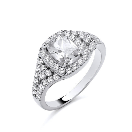 New 925 Silver &amp; Cubic Zirconia Set Multi Stone Radiant Shaped Stone Halo Ring in various sizes with the weight 4 grams. Ring Face 11mm Max Width Principal Stone 8mm x 6mm