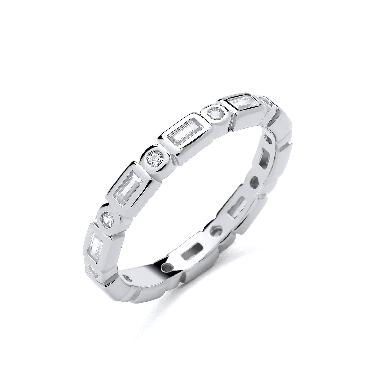 New 925 Silver &amp; Cubic Zirconia Set Full Eternity Band Ring made up with rectangle and round shaped stones in various sizes with the weight 2.60 grams. Band Width 2.75mm