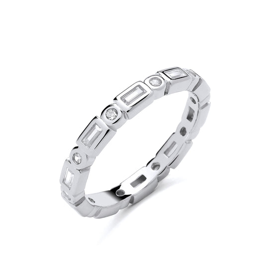 New 925 Silver &amp; Cubic Zirconia Set Full Eternity Band Ring made up with rectangle and round shaped stones in various sizes with the weight 2.60 grams. Band Width 2.75mm