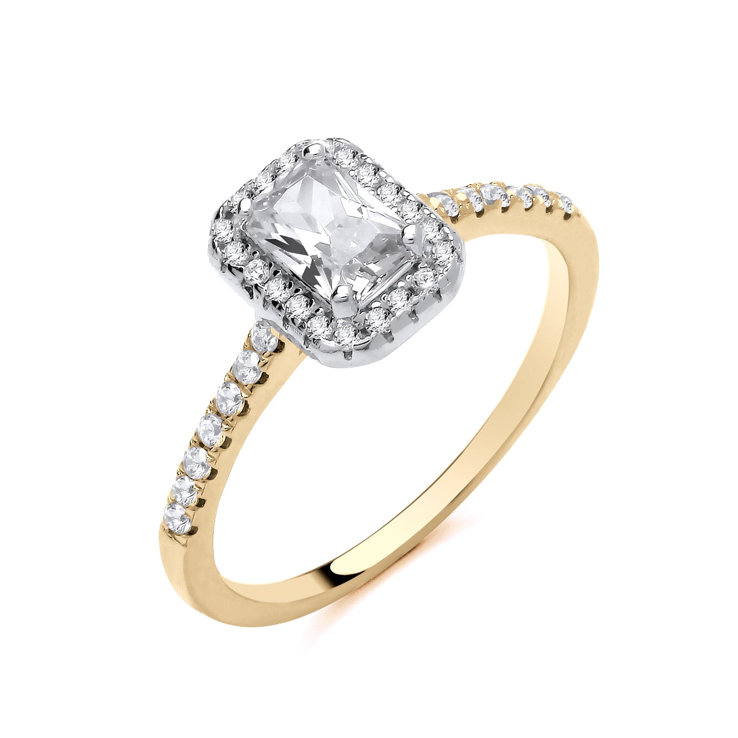 925 Silver Gold Plated & Cubic Zirconia Set Rectangle Halo Cluster Ring