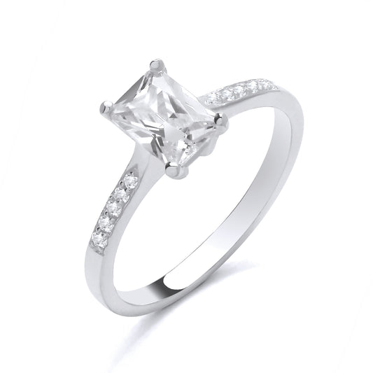 New 925 Silver &amp; Cubic Zirconia Set Rectangle Emerald Cut Solitaire Ring with stone set shoulders in various sizes with the weight 2.30 grams. Principal Stone 7mm x 5mm