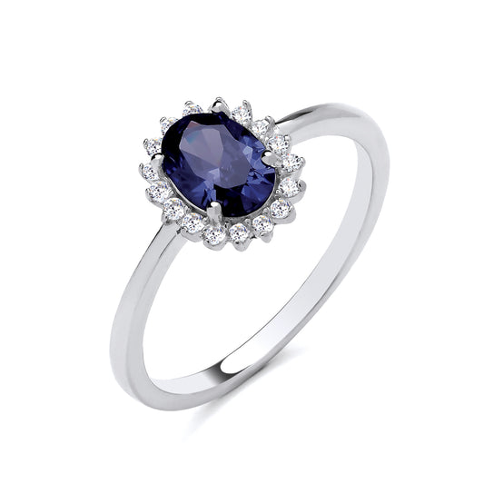 925 Silver Sapphire & Cubic Zirconia Set Oval Ring
