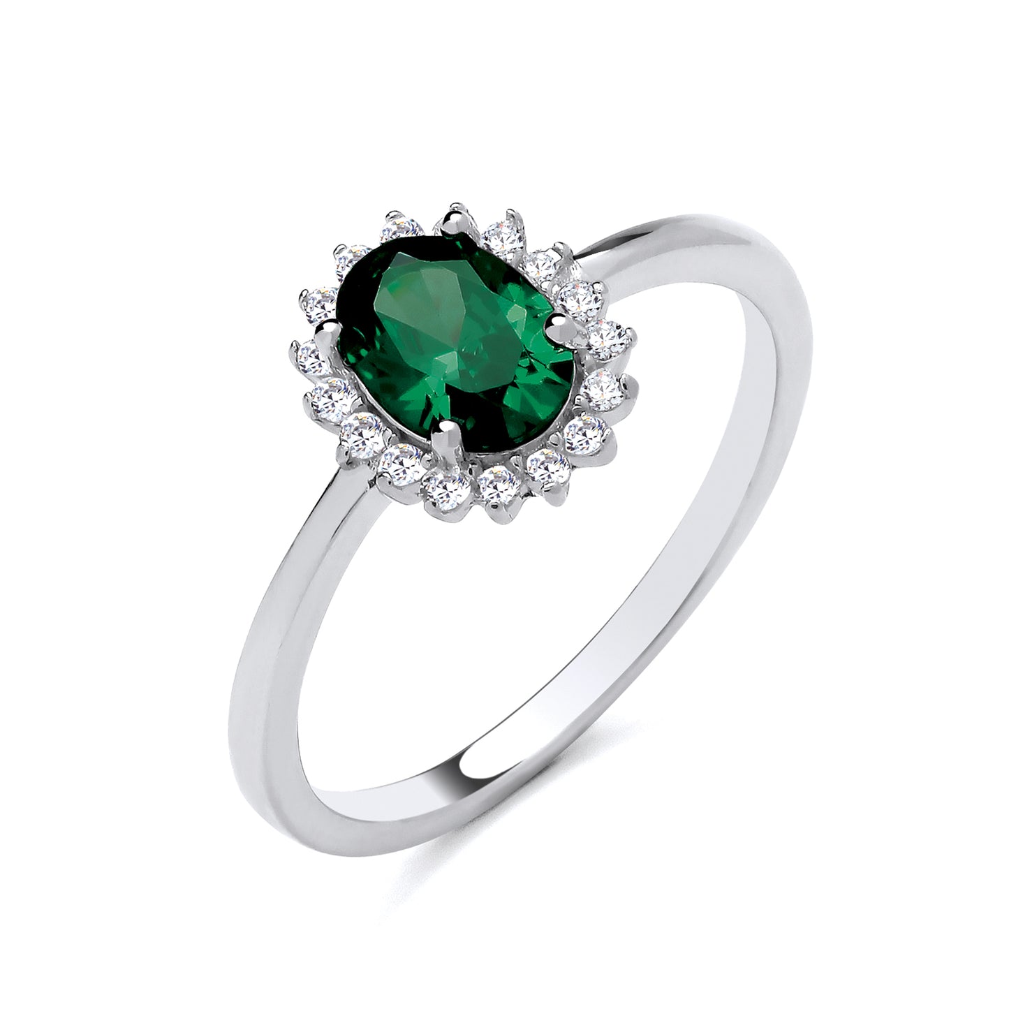 925 Silver Emerald & Cubic Zirconia Set Oval Ring