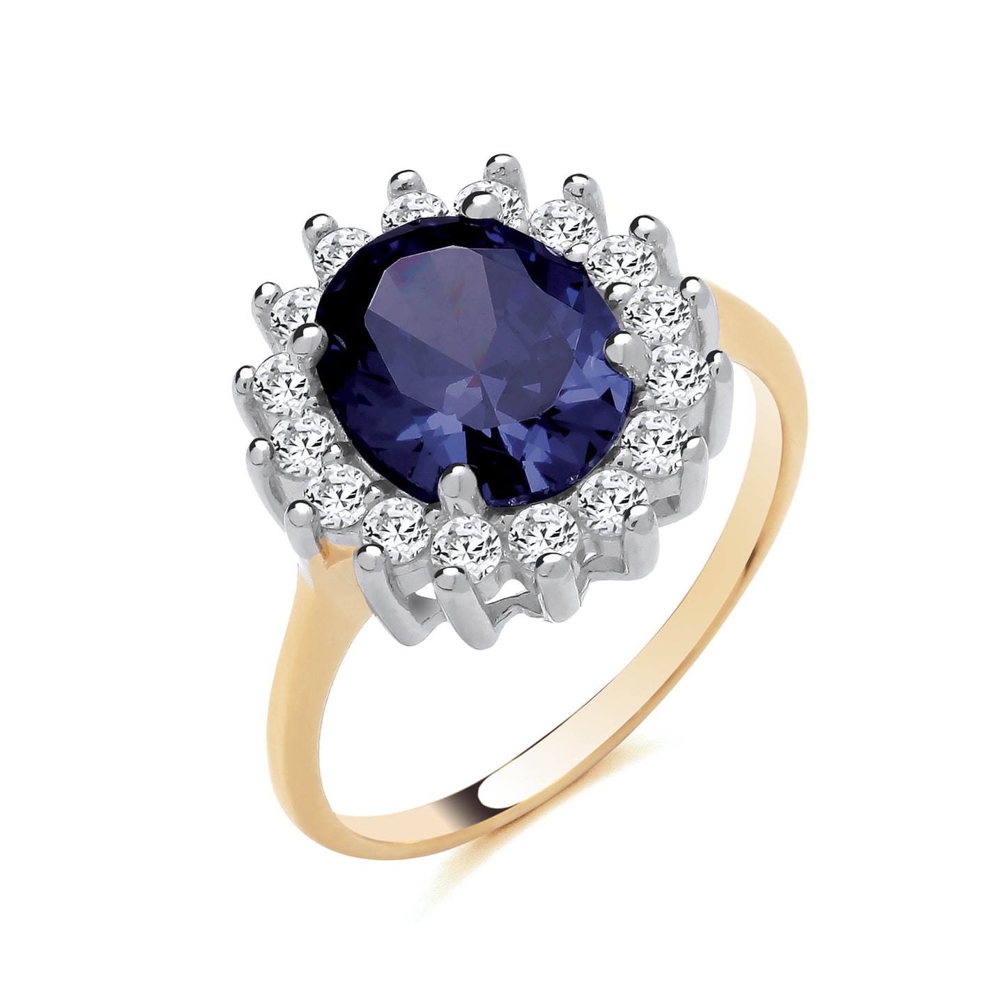925 Silver Gold Plated Sapphire & Cubic Zirconia Set Large Oval Ring