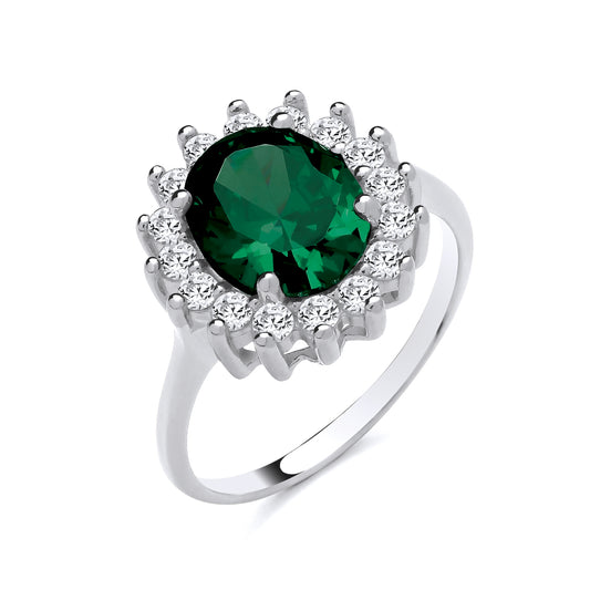 925 Silver Emerald & Cubic Zirconia Set Large Oval Cluster Ring