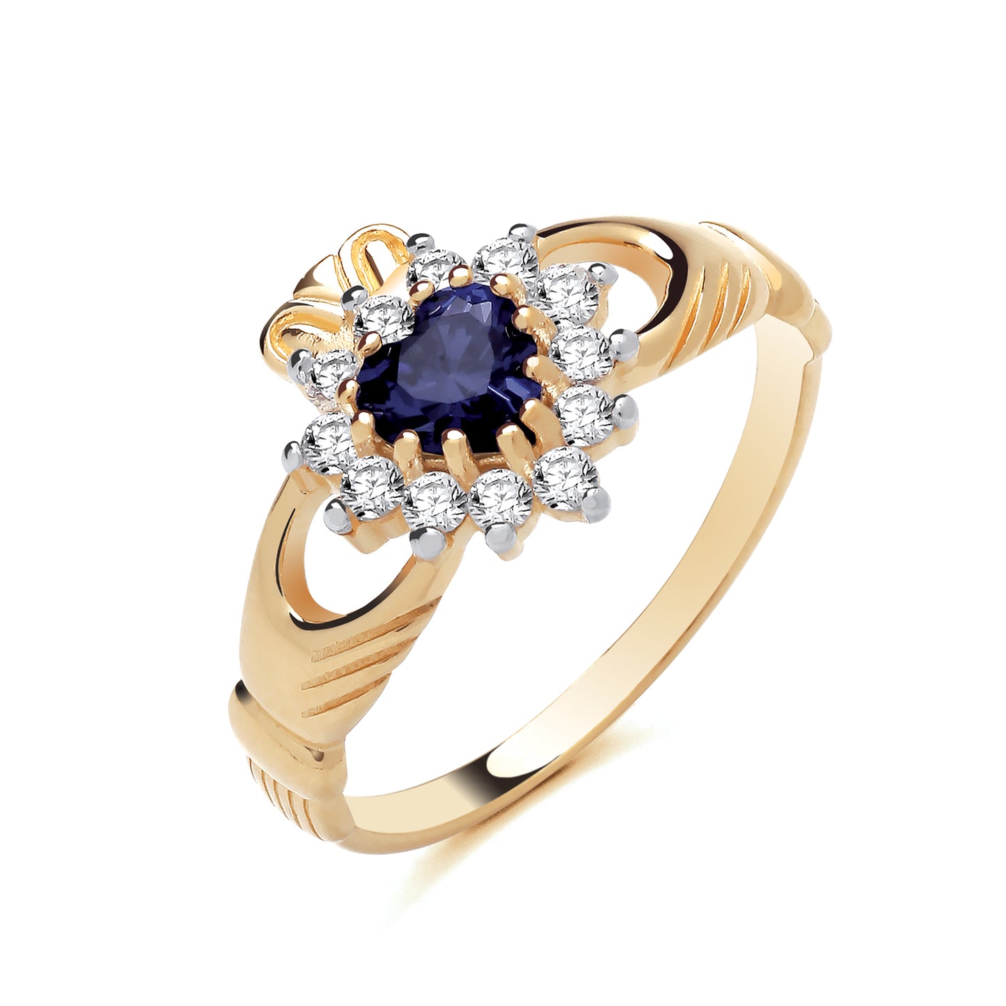 925 Silver Gold Plated Sapphire & Cubic Zirconia Set Claddagh Ring
