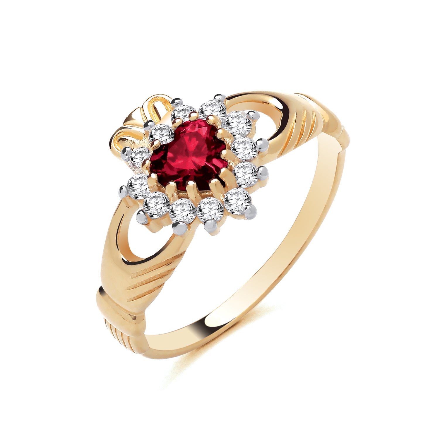 925 Silver Gold Plated Ruby & Cubic Zirconia Set Claddagh Ring